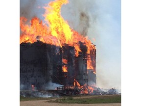 A grain elevator burns in Tramping Lake. Photo: Kerrobert Fire and Rescue, Facebook