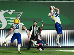 Saskatoon Hilltops defensive back Logan Kelsey-Stern makes a key interception during Saturday's 37-20 victory over the Regina Thunder at Mosaic Stadium.