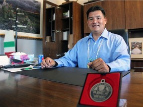 Chief Bobby Cameron, of the Federation of Sovereign Indigenous Nations, sits at his desk at the FSIN offices in Saskatoon. The FSIN is asking that the Treaty Symbol, seen above, is erected at the provincial and public schools in Saskatchewan where First Nation students are attending.