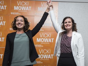 Interim leader Nicole Sarauer and Vicki Mowat celebrate after unofficially winning the Saskatoon Fairview Byelection held at the party's election camp at the Confederation Inn in Saskatoon, Sask. on Thursday, September 7, 2017.