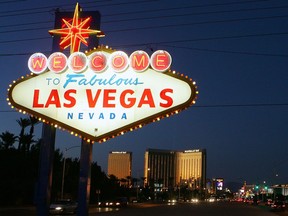 Traffic passes by the famous sign welcoming motorists on the south end of the Las Vegas Strip November 11, 2005 in Las Vegas, Nevada.