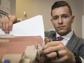 Marc-Olivier Brouillette, shown in his law office in Montreal earlier this month, has ended his brief retirement from football and joined the Saskatchewan Roughriders.