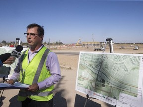 City of Saskatoon manager of major projects and preservation Mike Gutek gives an update to media on the Saskatoon Interchange Project (Boychuk Drive/Highway 16 Interchange and McOrmond Drive/College Drive Interchange in Saskatoon, SK on Friday, September 8, 2017. (Saskatoon StarPhoenix/Liam Richards) Liam Richards, Saskatoon StarPhoenix