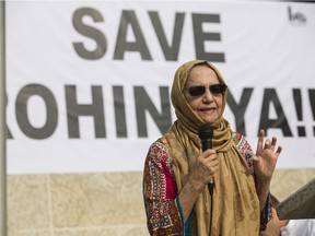 Memuna Moolla, who was claimed to be one of the only Burmese Muslims in Saskatchewan, speaks in front of a crowd at Saskatoon's City Hall to raise awareness on the humanitarian Crisis in Myanmar in Saskatoon, Sask. on Saturday, Sept. 9, 2017.