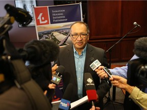 Chief Felix Thomas speaks to media about the homelessness project funding at Saskatoon Tribal Council in Saskatoon on September 13, 2017.