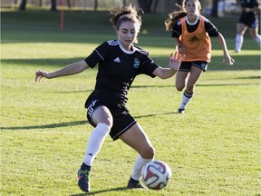 University of Saskatchewan Huskies soccer player Megan Ripplinger, shown here practicing at the PotashCorp soccer pitch in Saskatoon, earned U Sports athlete of the week and Canada West first-star status this week.