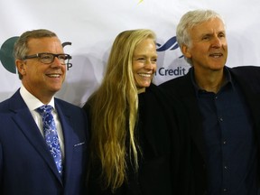 Premier Brad Wall, Suzy Amis Cameron and James Cameron announce a production facility for Verdiant Foods in Vanscoy, SK on September 18, 2017. (Michelle Berg / Saskatoon StarPhoenix)