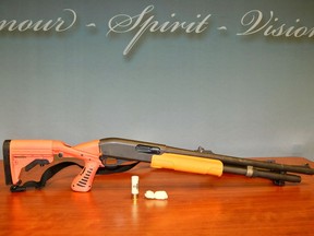 The bright-orange stock and fore-end of this Saskatoon Police Service 12-gauge shotgun indicates that it is for use with less-lethal rounds. The guns are colour-coded to ensure members of the police service identify the weapon as a less-lethal tool. A less-lethal round, alongside a discharged round, can also be seen in this photo. Officials say while the beanbag guns are rarely used, they're still a valuable tool for law enforcement.