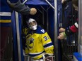 Fans greet Saskatoon Blades goalie Ryan Kubic as he walks onto the ice before Friday night's game against the Swift Current Broncos at SaskTel Centre in Saskatoon, SK on Friday, September 22, 2017. (Saskatoon StarPhoenix/Kayle Neis)