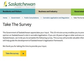 A screenshot of the Government of Saskatchewan's survey on recreational cannabis use. The Ministry of Justice's privacy branch is reviewing concerns that were brought forward by a University of Regina researcher about the survey and potential vulnerabilities in the survey.