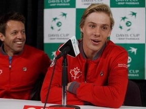 Canada&#039;s Daniel Nestor has a laugh as teammate Denis Shapovalov speaks during a Davis Cup press conference in Edmonton, Alta., on Tuesday September 12, 2017. THE CANADIAN PRESS/Jason Franson