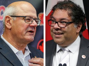 Flames President Ken King (left) and Calgary Mayor Naheed Nenshi make their positions known at separate press conferences Friday, Sept. 15, 2017.