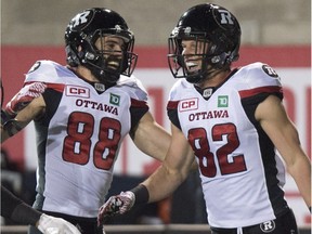 The Saskatchewan Roughriders will be trying to stop Ottawa Redblacks receivers Brad Sinopoli, 88, and Greg Ellingson, 82, on Friday night.