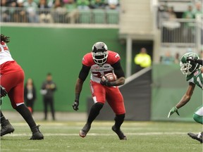 Calgary Stampeders running back Jerome Messam was able to run through some huge gaps Sunday against the host Saskatchewan Roughriders.
