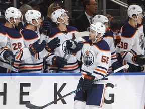 Edmonton Oilers forward Mark Letestu (55) celebrates a goal against the Calgary Flames during third-period NHL pre-season action in Edmonton, Alta., on Monday, September 18, 2017.