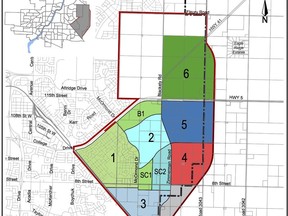 This City of Saskatoon map show plans for developing neighbourhoods in the Holmwood Sector, located on the east end of the city. The numbers indicate the order in which neighbourhoods will be developed with the 1 marking the Brighton neighbourhood. (City of Saskatoon)