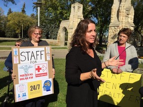 NDP Health Critic Danielle Chartier (centre) called for the Sask. Party to fund a seven-bed emergency mental health unit at the Royal University Hospital on September 25, 2017. Chartier was joined by mothers Kathy Genest (left) and Lucy Mauerhoff (right) whose children have experienced long ER wait times while in crisis.