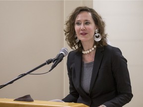 Education Minister Bronwyn Eyre, who previously served as Advanced Education Minister, speaks at a press conference on March 3, 2017. On Friday, she said a review of the city's storm ponds is a "positive first step" in addressing concerns about unfenced water features in Saskatoon.