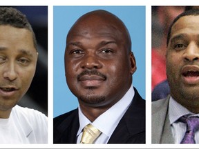 These file photos show, assistant basketball coaches Tony Bland, left, Chuck Person, center, and Lamont Richardson. The three, along with assistant coach Lamont Evans of Oklahoma State, were identified in court papers and are among 10 people facing federal charges in Manhattan federal court, Tuesday, Sept. 26, 2017, in a wide probe of fraud and corruption in the NCAA, authorities said. (AP Photo/File)