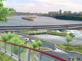An artist's rendering, looking southwest, of a proposed hydro power project at the Saskatoon weir. Photo: City of Saskatoon
City of Saskatoon