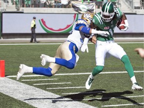 Ed Gainey, right, has six interceptions during the Saskatchewan Roughriders' three-game winning streak.