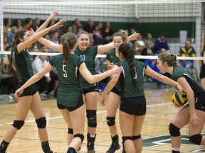 Holy Cross players celebrate a point during last year's city girls volleyball final.