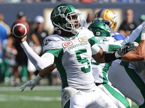 Saskatchewan Roughriders quarterback Kevin Glenn threw for 327 yards and two long touchdowns before leaving Saturday's game in the third quarter.