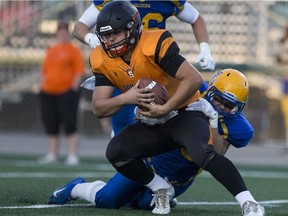 Saskatoon Hilltops defensive back Riley Pickett gets a sack against the Ottawa Sooners in Saskatoon, SK on Saturday, August 26, 2017.