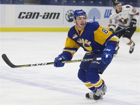 Saskatoon Blades defencemen Seth Bafaro skates down the iceat SaskTel Centre in Saskatoon during a game on Saturday, September 30, 2017.