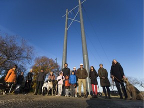 Residents of City Park stand in opposition to a newly created power line in their neighbourhood in Saskatoon, SK on Friday, October 13, 2017. (Saskatoon StarPhoenix/Kayle Neis)