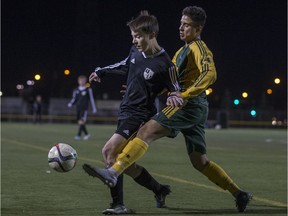 The St. Joseph Guardians take on the Aden Bowman Bears in the last game of the regular season for high school boys soccer at TCU field in Saskatoon, October 16, 2017.