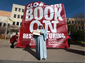 SASKATOON, SK - October 16, 2017 - Marty Brown is among the concerned citizens rallying outside of City Hall to close the book on restructuring Saskatoon libraries on October 16, 2017. (Michelle Berg / Saskatoon StarPhoenix)
Michelle Berg, Saskatoon StarPhoenix