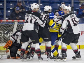 SASKATOON,SK--OCTOBER 18/2017-1019 Sports Blades Giants - Saskatoon Blades forward Brandon Machado is swarmed by the Vancouver Giants in front of their net during third period WHL action at SaskTel Centre in Saskatoon, SK on Wednesday, October 18, 2017. The Giants defeat the Blades 6-3.(Saskatoon StarPhoenix/Liam Richards)
Liam Richards, Saskatoon StarPhoenix