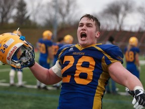 Saskatoon Hilltops' Colin Stumborg gets the crowd going near the end of the Prairie Football Conference final against Regina Thunder at SMF Field in Saskatoon on October 22, 2017.