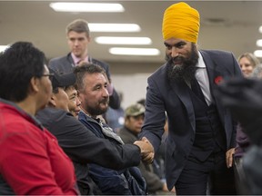 Jagmeet Singh, the new leader of the federal NDP, shakes hands and speaks with people at the Federation of Sovereign Indigenous Nations legislative assembly in Saskatoon, SK on Thursday, October 26, 2017. (Saskatoon StarPhoenix/Liam Richards)