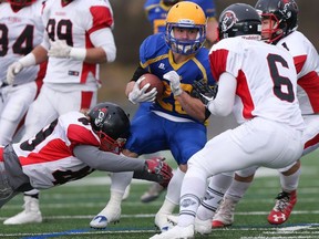 Saskatoon Hilltops' Adam Machart plays Vancouver Island Raiders in Canadian Junior Football League semifinal at SMF Field in Saskatoon on Oct. 29, 2017.