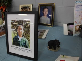 A small sampling of photos, messages of support and other pieces of material helping family members remember the life of Brydon Bryce Whitstone following his funeral service on Oct. 28, 2017. Family members say the 22-year-old man, who was shot and killed by Battlefords RCMP on Oct. 21, loved the outdoors, his family and was always willing to help despite the fact he took a wrong turn in life as he got older.
