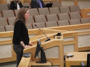 Anne Fitzgerald, vice-chair of the Movie Theatre Association of Canada and chief legal officer with Cineplex, speaks to Saskatoon's finance committee about concerns over an amusement tax on movie theatres on Oct. 30, 2017. While reinstating the amusement tax for theatres isn't on the table currently, she said the MTAC wanted to be involved in discussions from the beginning, as it's an important issue for the industry.
