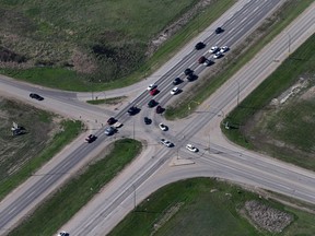 The May 2016 aerial photo shows the intersection of College Drive and McOrmond Drive where an interchange is now being built. Saskatoon city council's transportation committee voted to endorse an 80 kilometre-per-hour speed limit along College. (GREG PENDER/The StarPhoenix)
