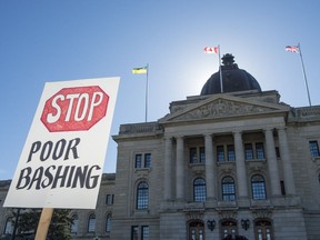 A sign at a rally organized by the Regina Anti-Poverty Network outside the Legislative Building.