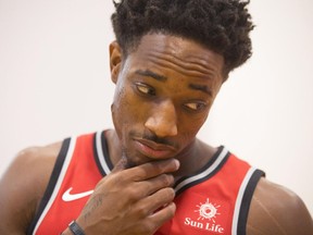 Toronto Raptors guard DeMar DeRozan speaks to reporters at training camp on Sept. 25.