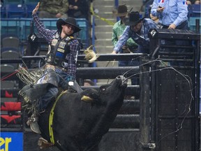 Cody Coverchuk rides the bull Nailed during the Professional Bull Riding PBR Canadian finals on Saturday, November 21st, 2015.