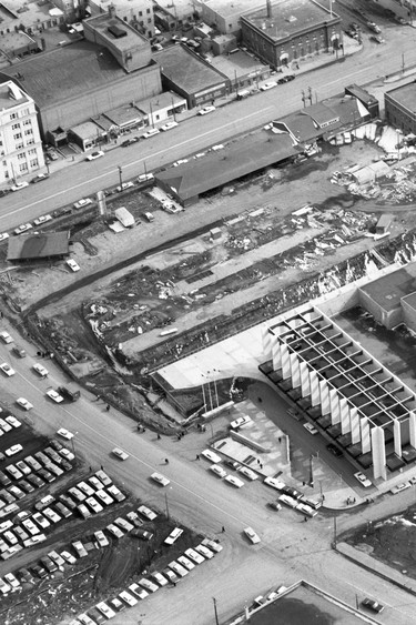 This 1968 aerial photo shows Centennial Auditorium in downtown Saskatoon as its grand opening approaches. The YMCA next to the Centennial Auditorium opened in 1969 and the Midtown plaza opened in 1970. The auditorium was built on the site of the Canadian National Railway Station, which was built in 1938 and demolished in 1966. (CP-68-4 Courtesy of the Saskatoon Public Library)