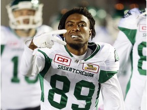 The Saskatchewan Roughriders' Duron Carter had a 73-yard interception return for a touchdown on Friday against the host Calgary Stampeders.