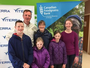 Franck Groeneweg with wife Kari and their children (left to right), Luke, Solange, Emma and Julia. Members of the Edgeley-area farm family volunteered their time to grow canola for Canadian Foodgrains Bank, which provides assistance to developing countries.