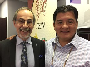 Sask Polytechnic President Larry Rosia and FSIN Chief Bobby Cameron Oct. 10, 2017 in Saskatoon after signing an agreement to continue working together to improve Indigenous student success rates at the institution's four campuses. Photo by Betty Ann Adam