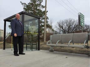 Saskatoon's director of transit Jim McDonald stands in front of the newly upgraded bus stop at the corner of Cumberland Avenue and 14th Street east on Friday October 20, 2017 in Saskatoon.
