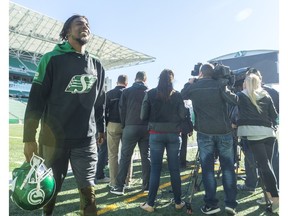 Saskatchewan Roughrider receiver Duron Carter leaves a media conference at Mosaic Stadium on Tuesday.