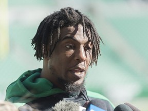 Saskatchewan Roughriders wide receiver Duron Carter (89) speaks to media at a press conference after practice at Mosaic Stadium.