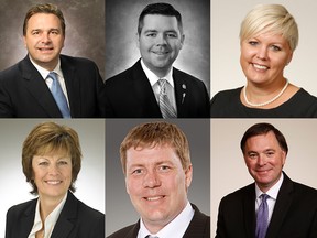 The Sask. Party leadership race has five candidates remaining. From left: Ken Cheveldayoff, Tina Beaudry-Mellor, Alanna Koch, Scott Moe and Gord Wyant. Jeremy Harrison, upper middle, dropped out of the race Friday.